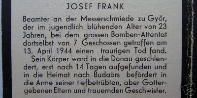 Német civil haláljelentése - meghalt az 1944. ápr. 13-i győri bombamerényletben (?)
