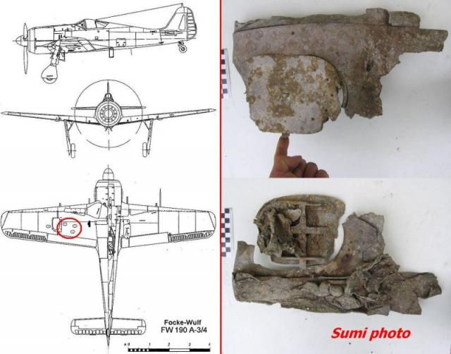 FW-190 A  Egy ovális szerelőnyílás részlete, és a megégett fedlap maradványa