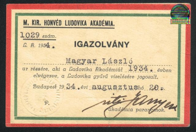 Ludovika igazolvány,Jányi Gusztáv aláírásával